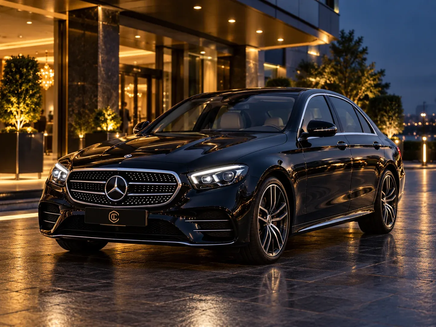 Black Mercedes-Benz E-Class-style saloon outside an illuminated entrance, with a masked registration plate.