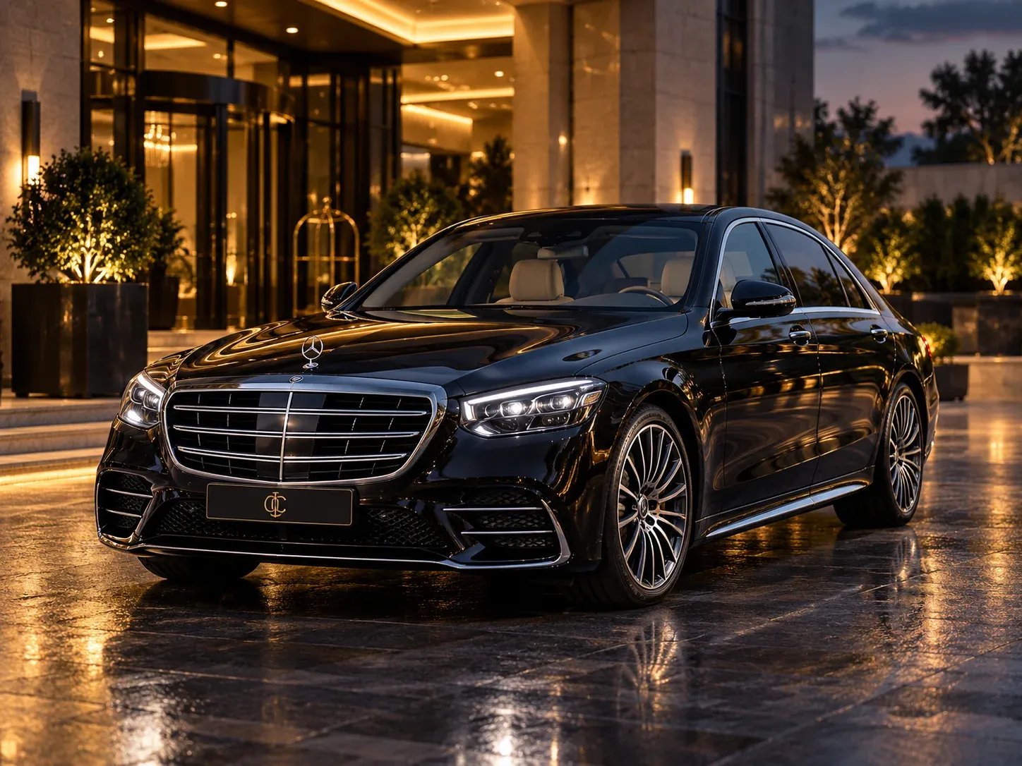 Black Mercedes-Benz S-Class-style saloon with a bonnet star and horizontal grille outside a hotel.