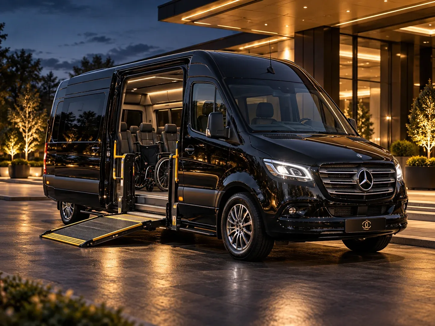 Black Mercedes-Benz Sprinter-style accessible minibus with an open passenger entrance and wheelchair visible.