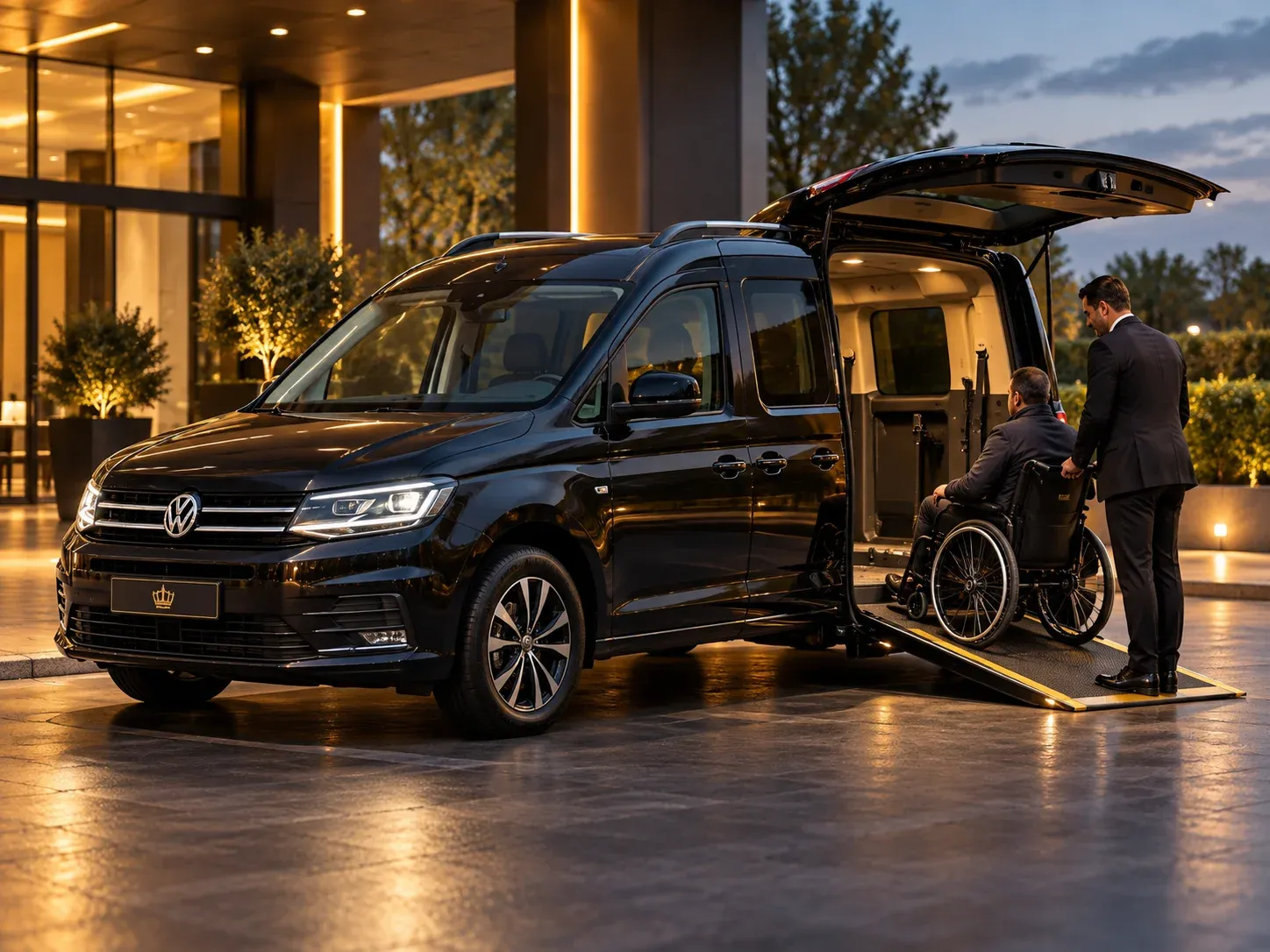 Volkswagen Caddy-style accessible MPV with a wheelchair user and attendant beside the vehicle.